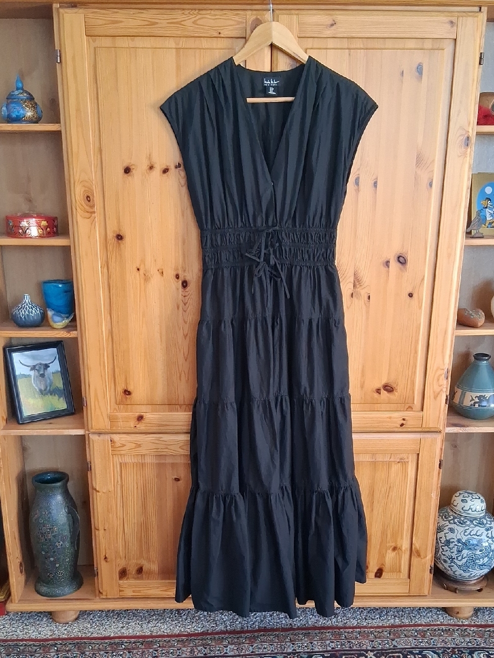 Nicole Miller Black Cotton Cap Sleeve Ruched Waist Tiered Midi Dress Size S